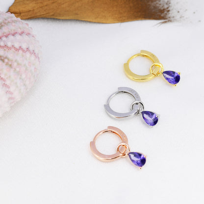 Sterling Silver Amethyst Purple CZ Droplet Hoop Earrings,  Silver, Gold or Rose Gold,  Pear Cut Drop Earrings,  Interchangeable Charms