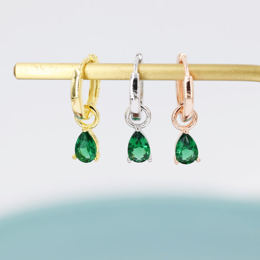 Sterling Silver Emerald Green CZ Droplet Hoop Earrings, Silver, Gold or Rose Gold,  Pear Cut Drop Earrings,  Interchangeable Charms