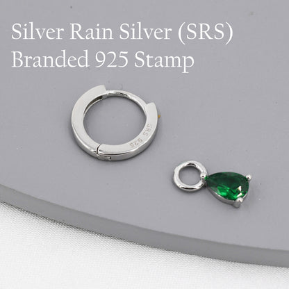 Sterling Silver Emerald Green CZ Droplet Hoop Earrings, Silver, Gold or Rose Gold, Pear Cut Drop Earrings, Interchangeable Charms