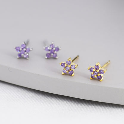 Tiny Lilac Purple CZ Flower Stud Earrings in Sterling Silver, Silver or Gold, Amethyst Crystal Flower Earrings, Stacking Earrings