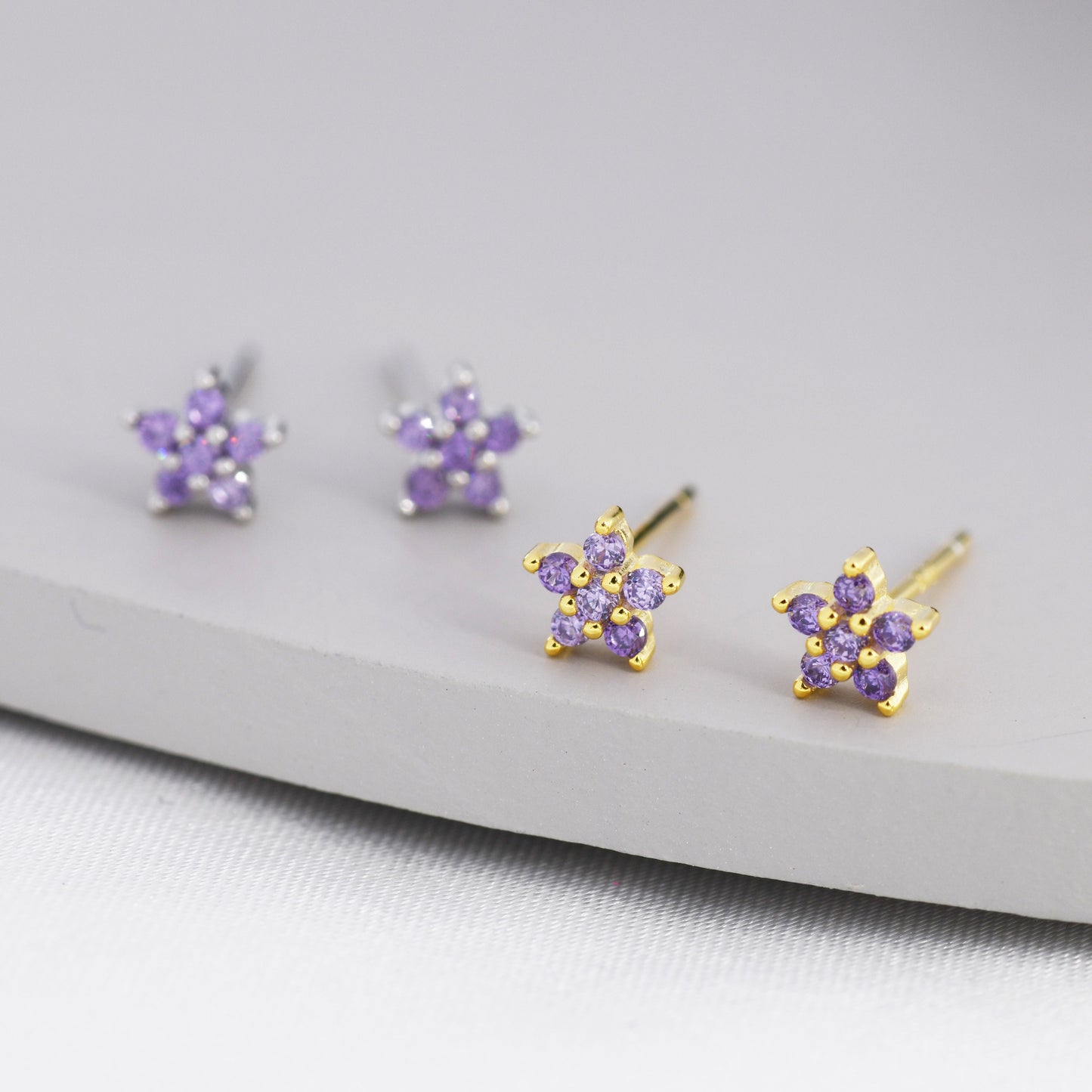 Tiny Lilac Purple CZ Flower Stud Earrings in Sterling Silver, Silver or Gold, Amethyst Crystal Flower Earrings, Stacking Earrings