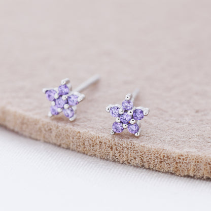 Tiny Lilac Purple CZ Flower Stud Earrings in Sterling Silver, Silver or Gold, Amethyst Crystal Flower Earrings, Stacking Earrings
