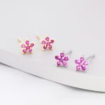 Tiny Ruby Pink CZ Flower Stud Earrings in Sterling Silver, Silver or Gold, Pink Crystal Flower Earrings, Stacking Earrings