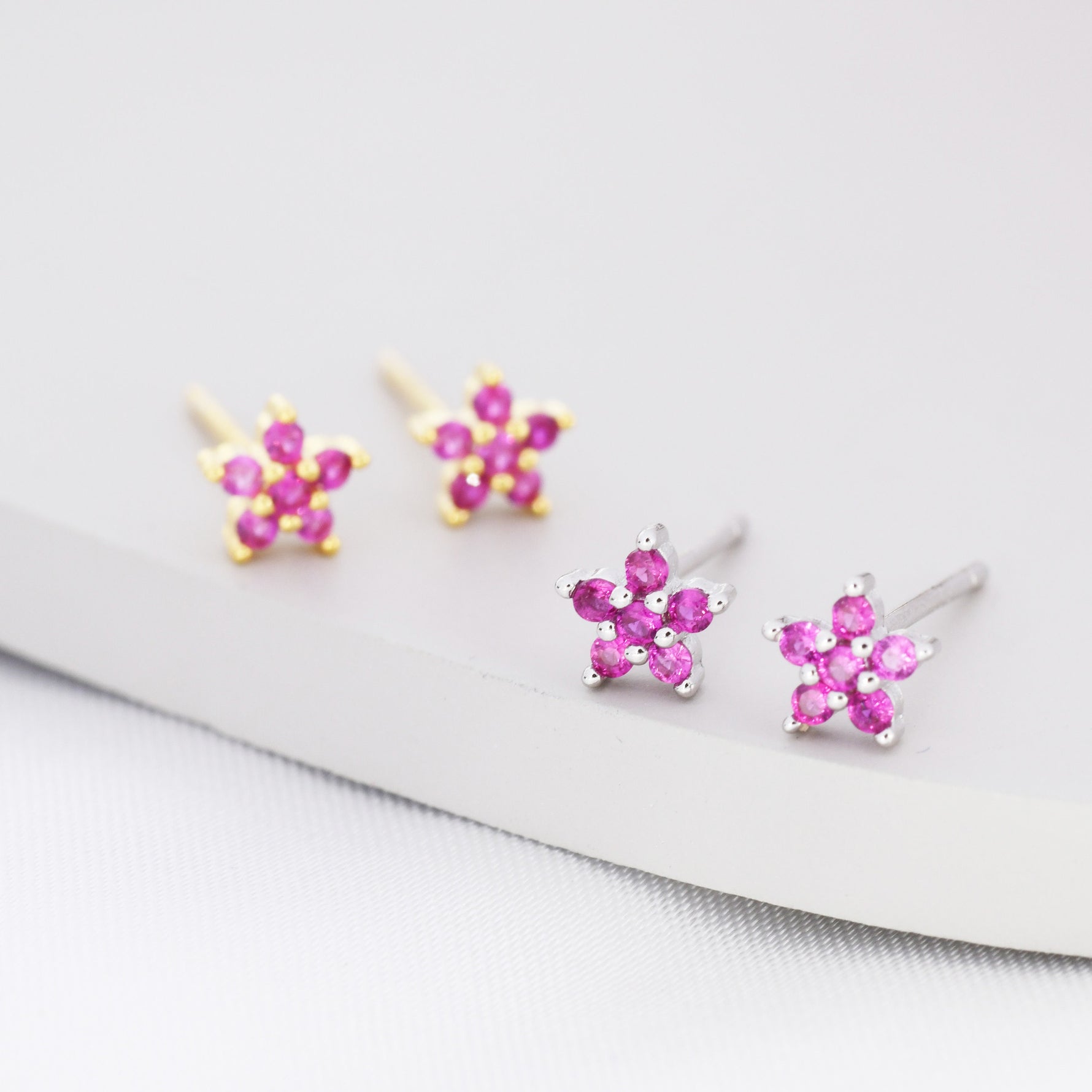 Tiny Ruby Pink CZ Flower Stud Earrings in Sterling Silver, Silver or Gold, Pink Crystal Flower Earrings, Stacking Earrings