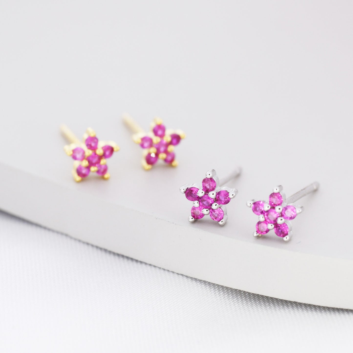 Tiny Ruby Pink CZ Flower Stud Earrings in Sterling Silver, Silver or Gold,  Pink Crystal Flower Earrings, Stacking Earrings