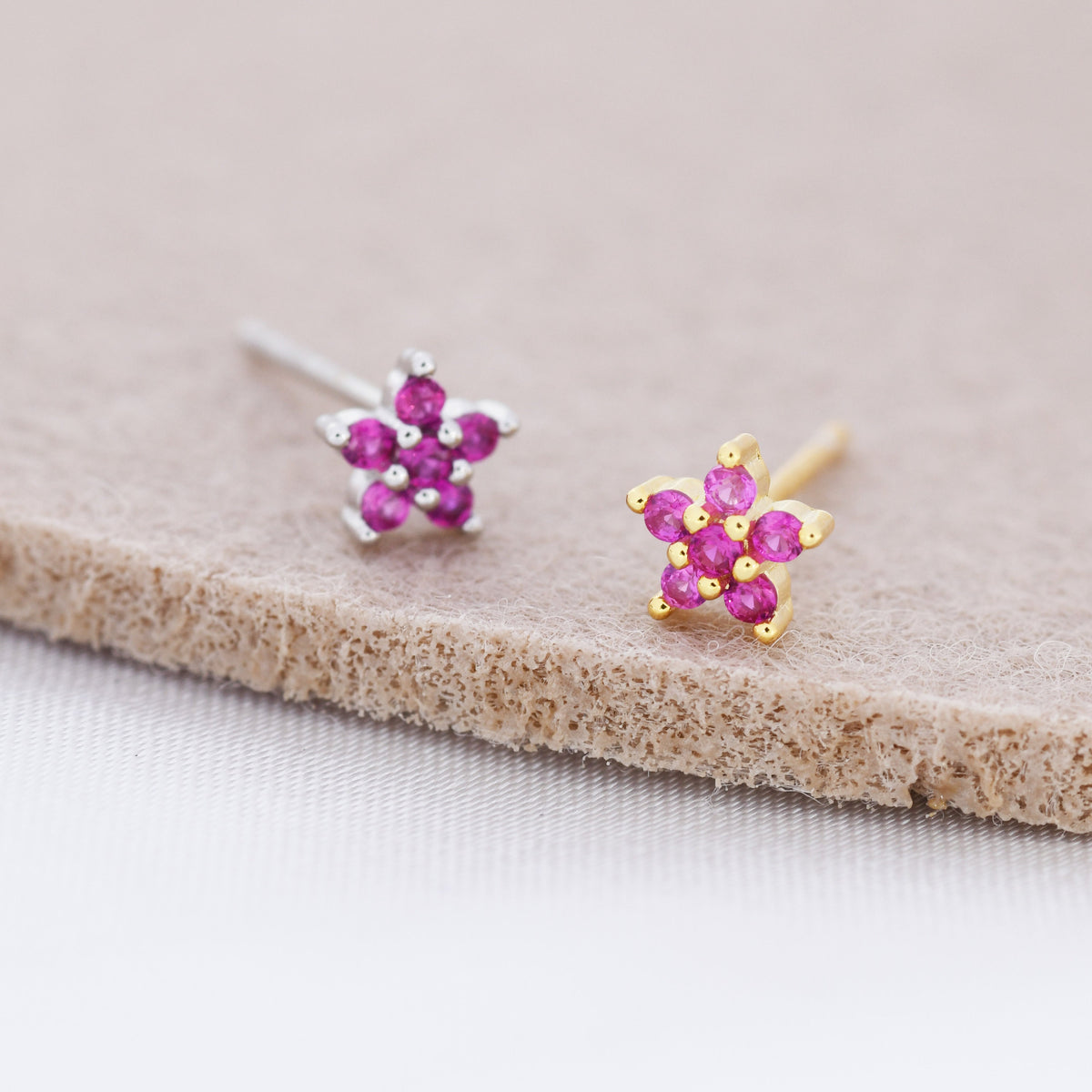 Tiny Ruby Pink CZ Flower Stud Earrings in Sterling Silver, Silver or Gold, Pink Crystal Flower Earrings, Stacking Earrings