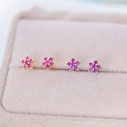 Tiny Ruby Pink CZ Flower Stud Earrings in Sterling Silver, Silver or Gold,  Pink Crystal Flower Earrings, Stacking Earrings