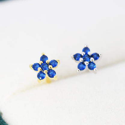Sapphire Blue CZ Flower Stud Earrings in Sterling Silver, Silver or Gold, Blue Crystal Flower Earrings, Stacking Earrings