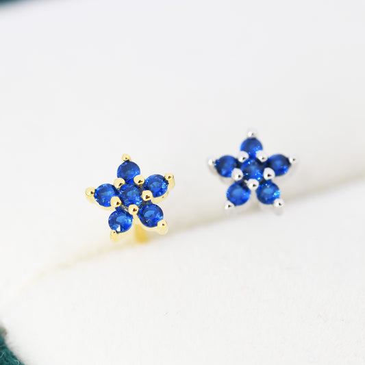Sapphire Blue CZ Flower Stud Earrings in Sterling Silver, Silver or Gold, Blue Crystal Flower Earrings, Stacking Earrings