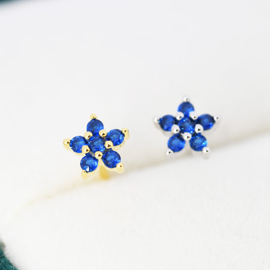 Sapphire Blue CZ Flower Stud Earrings in Sterling Silver, Silver or Gold,  Blue Crystal Flower Earrings, Stacking Earrings