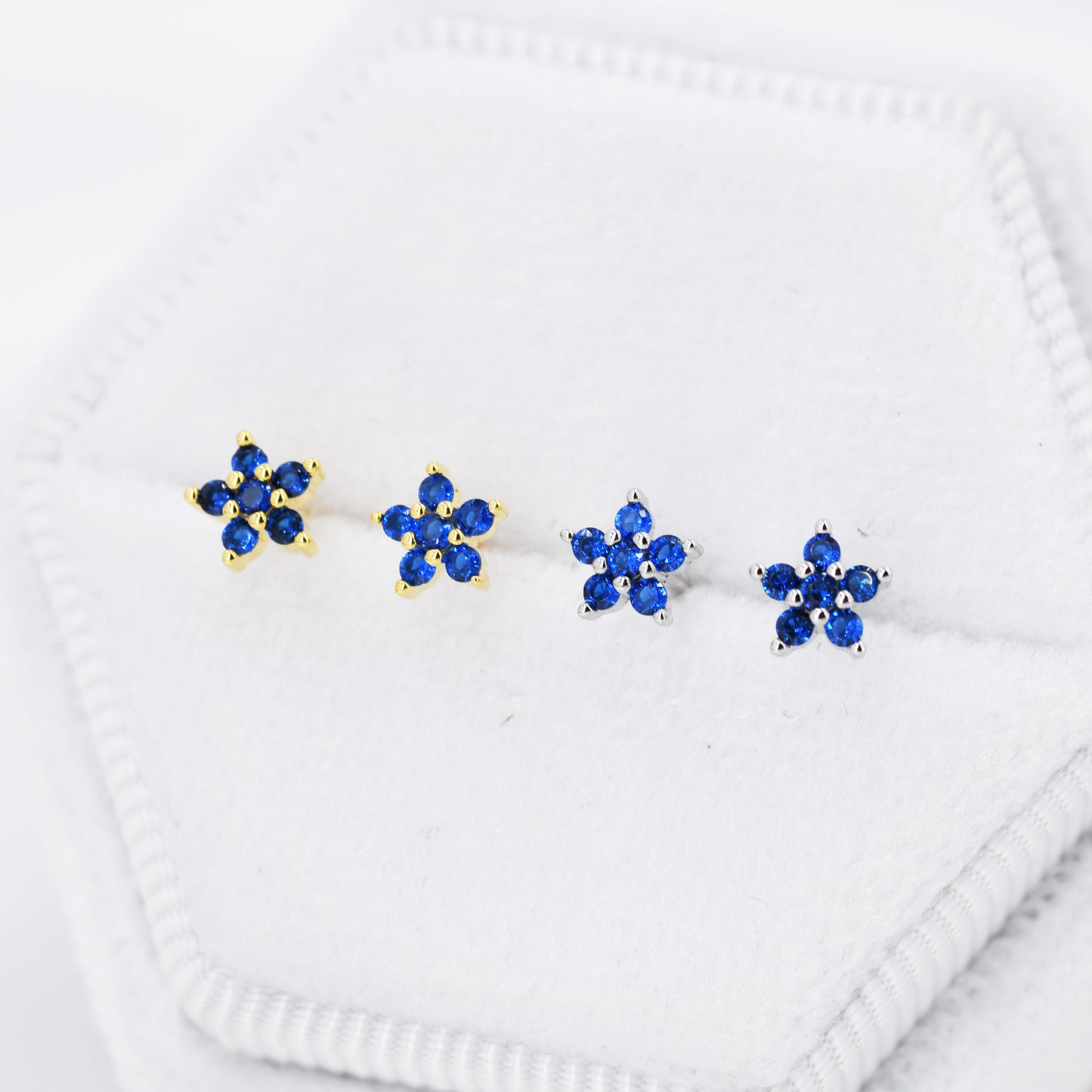 Sapphire Blue CZ Flower Stud Earrings in Sterling Silver, Silver or Gold, Blue Crystal Flower Earrings, Stacking Earrings