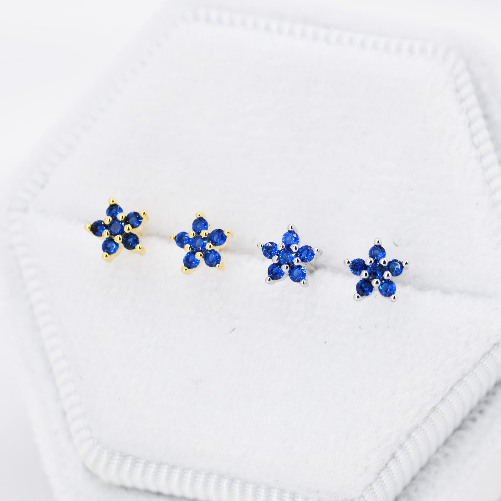 Sapphire Blue CZ Flower Stud Earrings in Sterling Silver, Silver or Gold, Blue Crystal Flower Earrings, Stacking Earrings