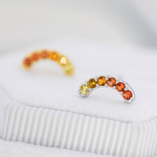 Ombre Red CZ Arch Rainbow Stud Earrings in Sterling Silver, Silver or Gold, Gradient Colour Red Pink Rainbow Earrings, Stacking Earrings