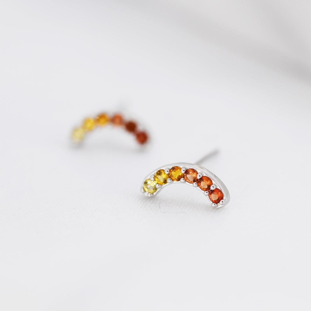Ombre Red CZ Arch Rainbow Stud Earrings in Sterling Silver, Silver or Gold, Gradient Colour Red Pink Rainbow Earrings, Stacking Earrings