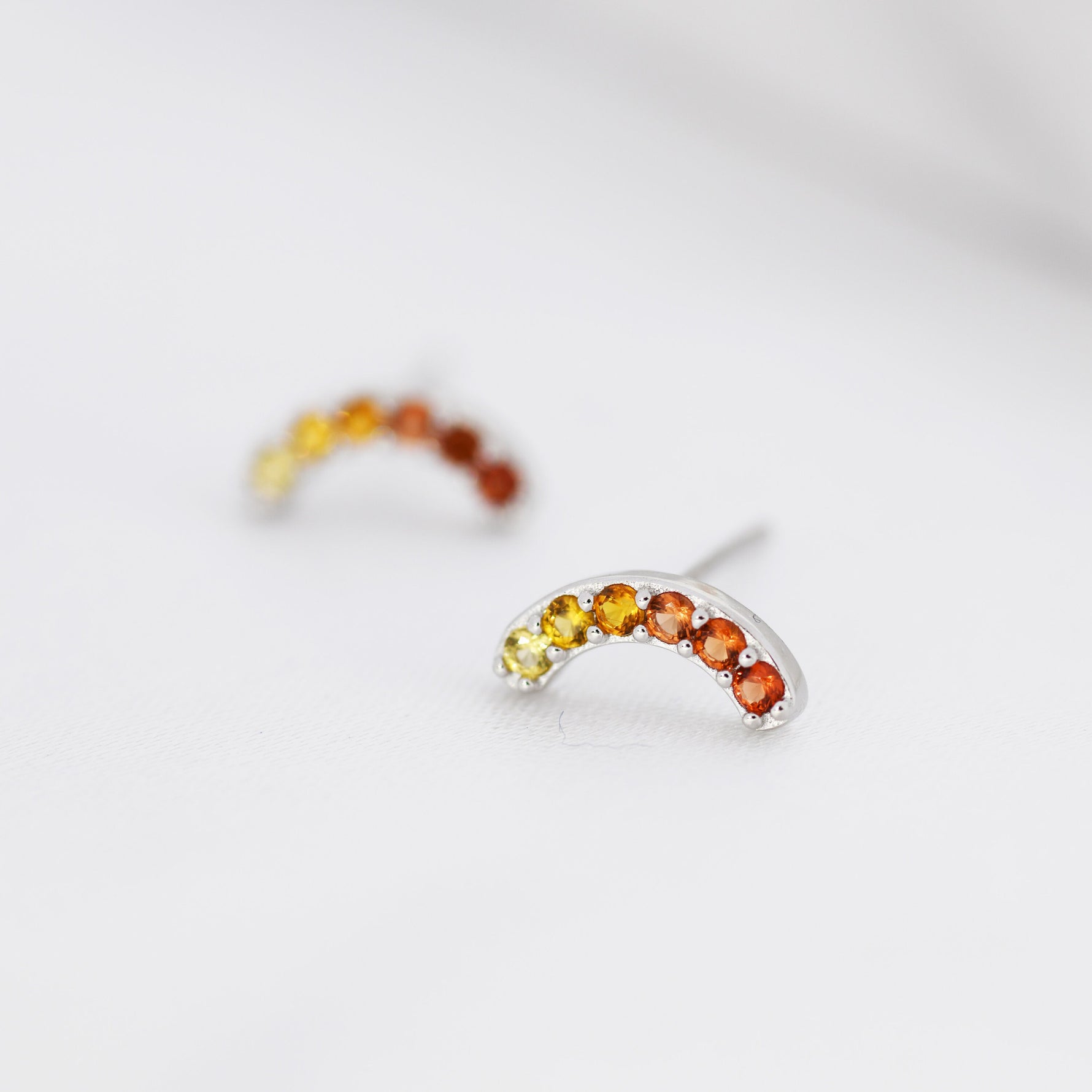 Ombre Red CZ Arch Rainbow Stud Earrings in Sterling Silver, Silver or Gold, Gradient Colour Red Pink Rainbow Earrings, Stacking Earrings