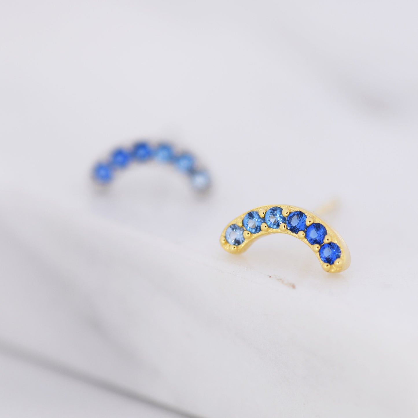 Sapphire Blue Ombre CZ Arch Rainbow Stud Earrings in Sterling Silver, Silver or Gold, Gradient Colour Blue CZ Earrings, Stacking Earrings