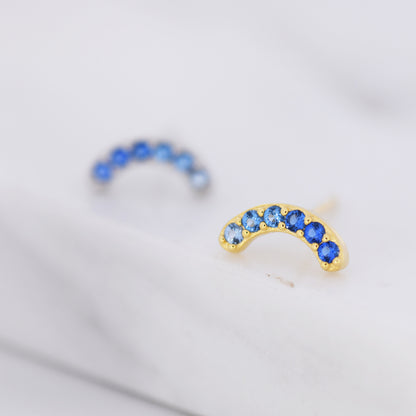 Sapphire Blue Ombre CZ Arch Rainbow Stud Earrings in Sterling Silver, Silver or Gold, Gradient Colour Blue CZ Earrings, Stacking Earrings