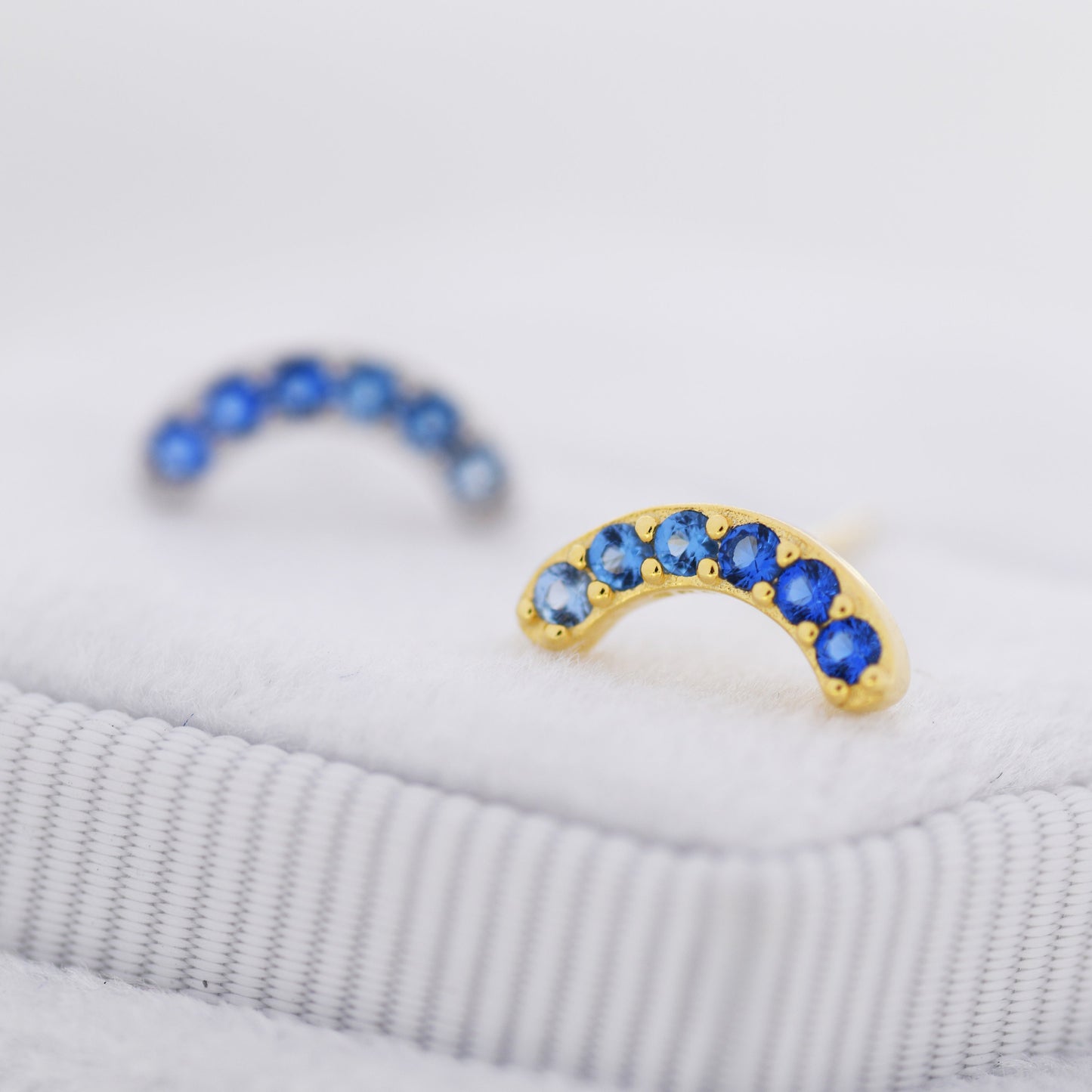 Sapphire Blue Ombre CZ Arch Rainbow Stud Earrings in Sterling Silver, Silver or Gold, Gradient Colour Blue CZ Earrings, Stacking Earrings