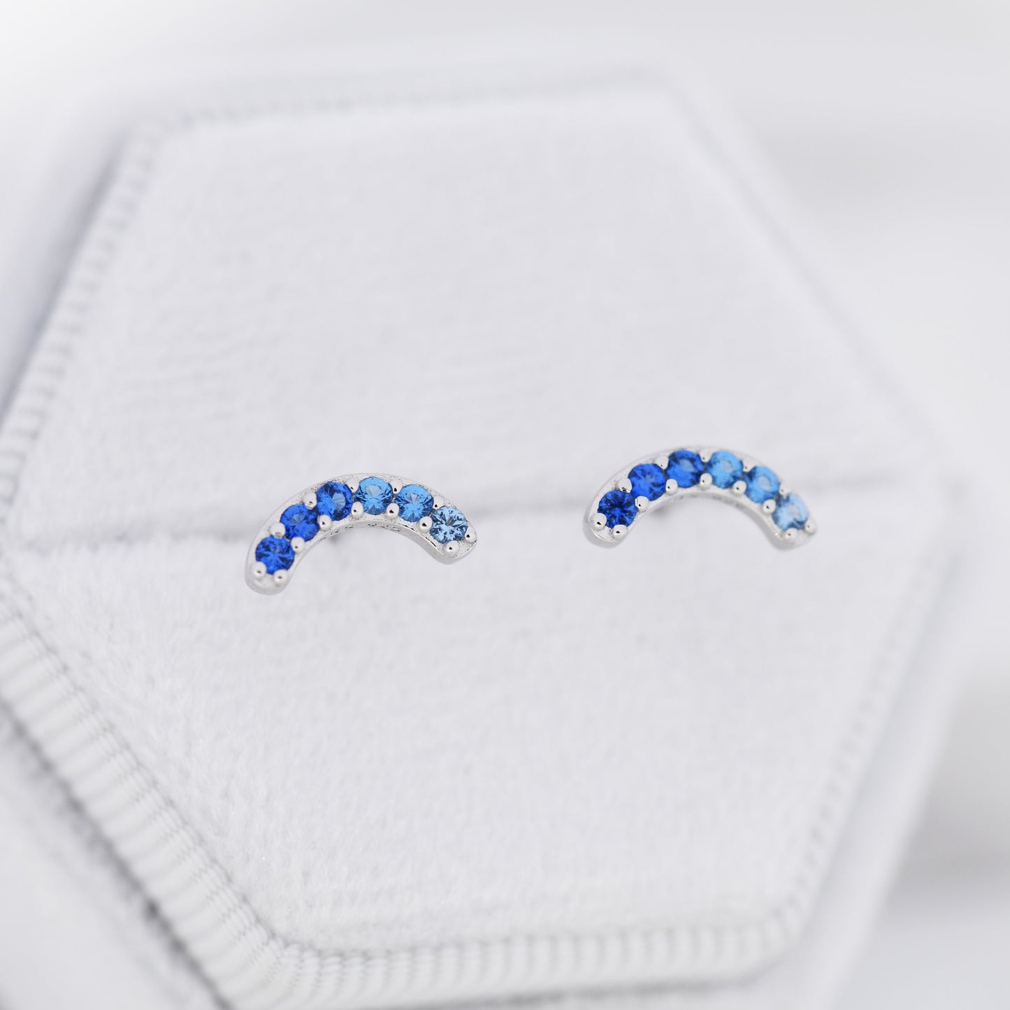 Sapphire Blue Ombre CZ Arch Rainbow Stud Earrings in Sterling Silver, Silver or Gold, Gradient Colour Blue CZ Earrings, Stacking Earrings