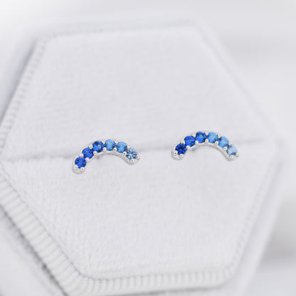 Sapphire Blue Ombre CZ Arch Rainbow Stud Earrings in Sterling Silver, Silver or Gold, Gradient Colour Blue CZ Earrings, Stacking Earrings