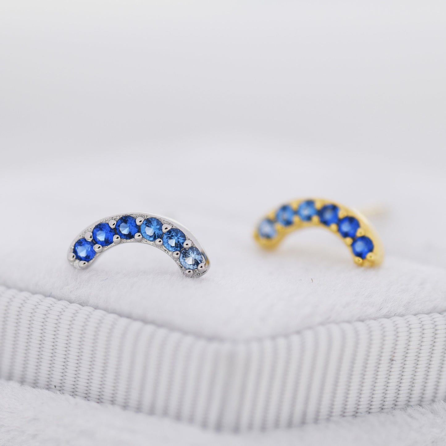 Sapphire Blue Ombre CZ Arch Rainbow Stud Earrings in Sterling Silver, Silver or Gold, Gradient Colour Blue CZ Earrings, Stacking Earrings
