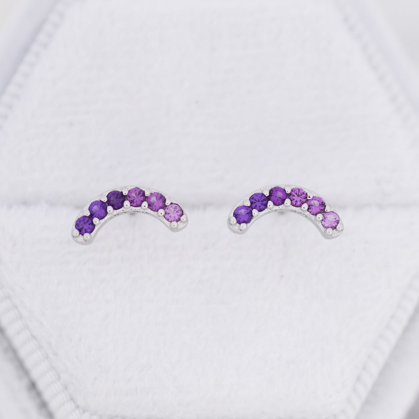 Ombre Amethyst Purple CZ Curved Bar Stud Earrings in Sterling Silver, Silver or Gold, Gradient Purple Rainbow  Earrings,  Stacking Earrings