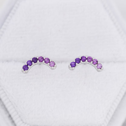 Ombre Amethyst Purple CZ Curved Bar Stud Earrings in Sterling Silver, Silver or Gold, Gradient Purple Rainbow  Earrings,  Stacking Earrings