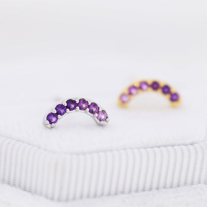 Ombre Amethyst Purple CZ Curved Bar Stud Earrings in Sterling Silver, Silver or Gold, Gradient Purple Rainbow  Earrings,  Stacking Earrings