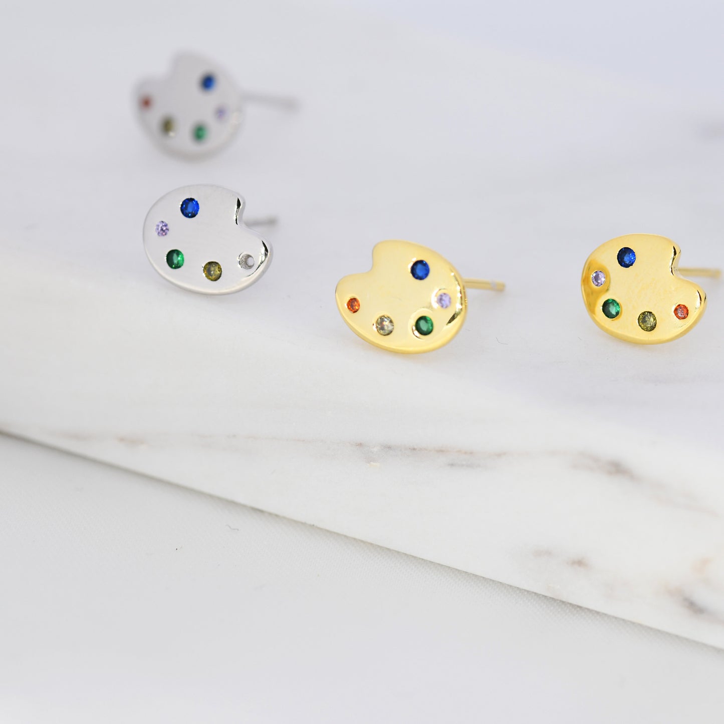 Paint Palette Stud Earrings in Sterling Silver with Multi Colour CZ Crystals, Silver or Gold, Artist&#39;s Palette