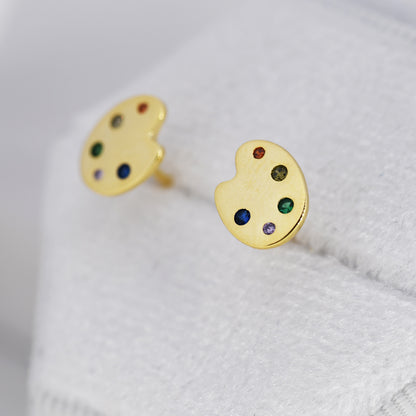 Paint Palette Stud Earrings in Sterling Silver with Multi Colour CZ Crystals, Silver or Gold, Artist&#39;s Palette