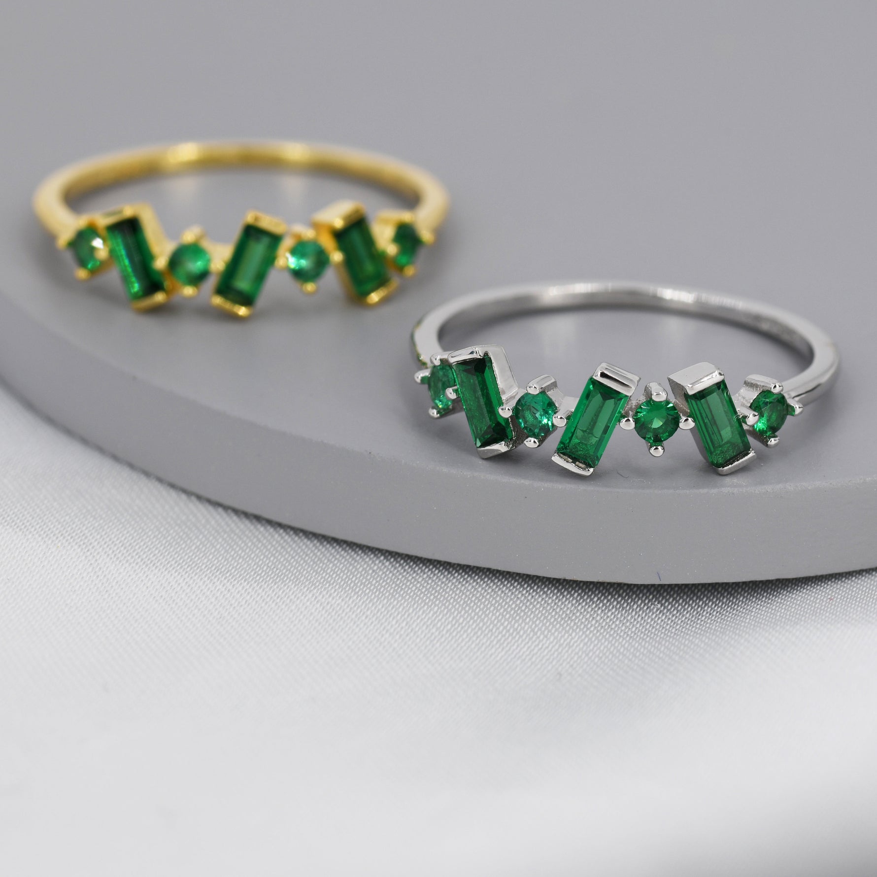 Emerald Green Baguette CZ Cluster Ring in Sterling Silver, Silver or Gold, Organic Shape CZ Ring, US 5 - 8