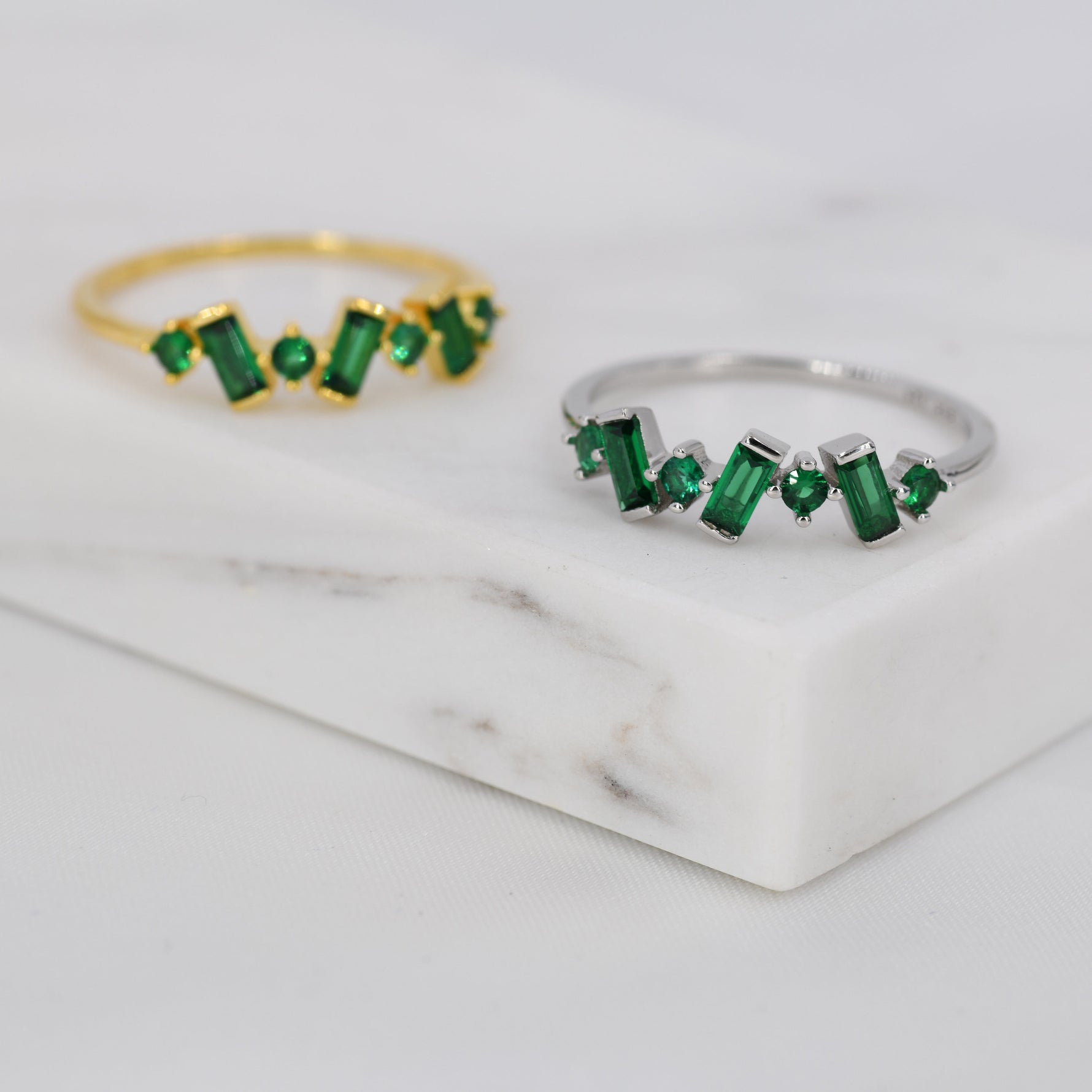 Emerald Green Baguette CZ Cluster Ring in Sterling Silver, Silver or Gold, Organic Shape CZ Ring, US 5 - 8