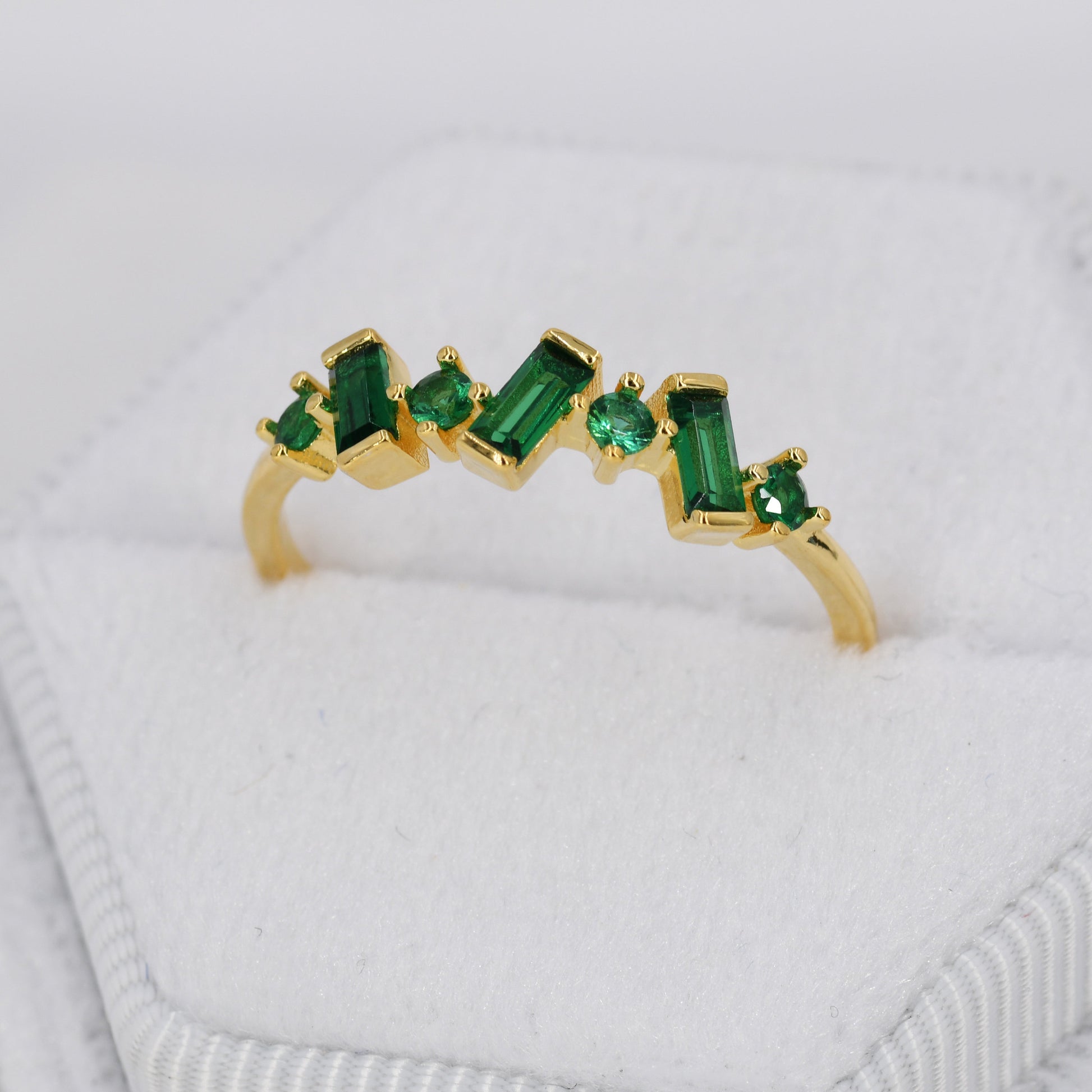 Emerald Green Baguette CZ Cluster Ring in Sterling Silver, Silver or Gold, Organic Shape CZ Ring, US 5 - 8