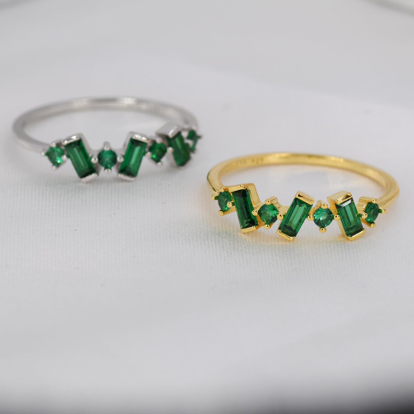 Emerald Green Baguette CZ Cluster Ring in Sterling Silver, Silver or Gold, Organic Shape CZ Ring, US 5 - 8