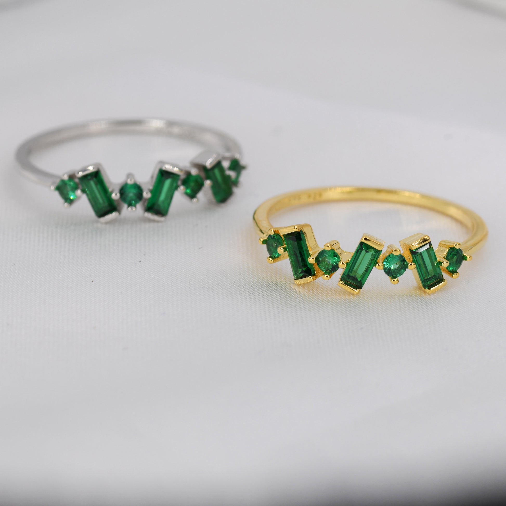 Emerald Green Baguette CZ Cluster Ring in Sterling Silver, Silver or Gold, Organic Shape CZ Ring, US 5 - 8