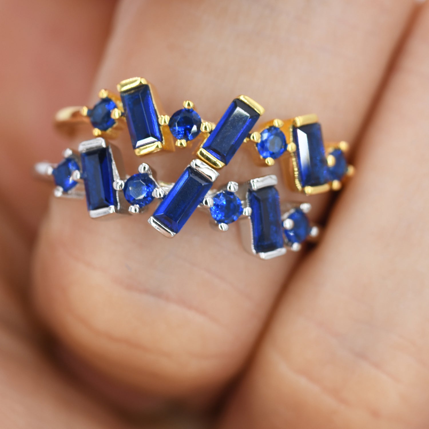 Sapphire Blue CZ Baguette Cluster Gemstone Ring