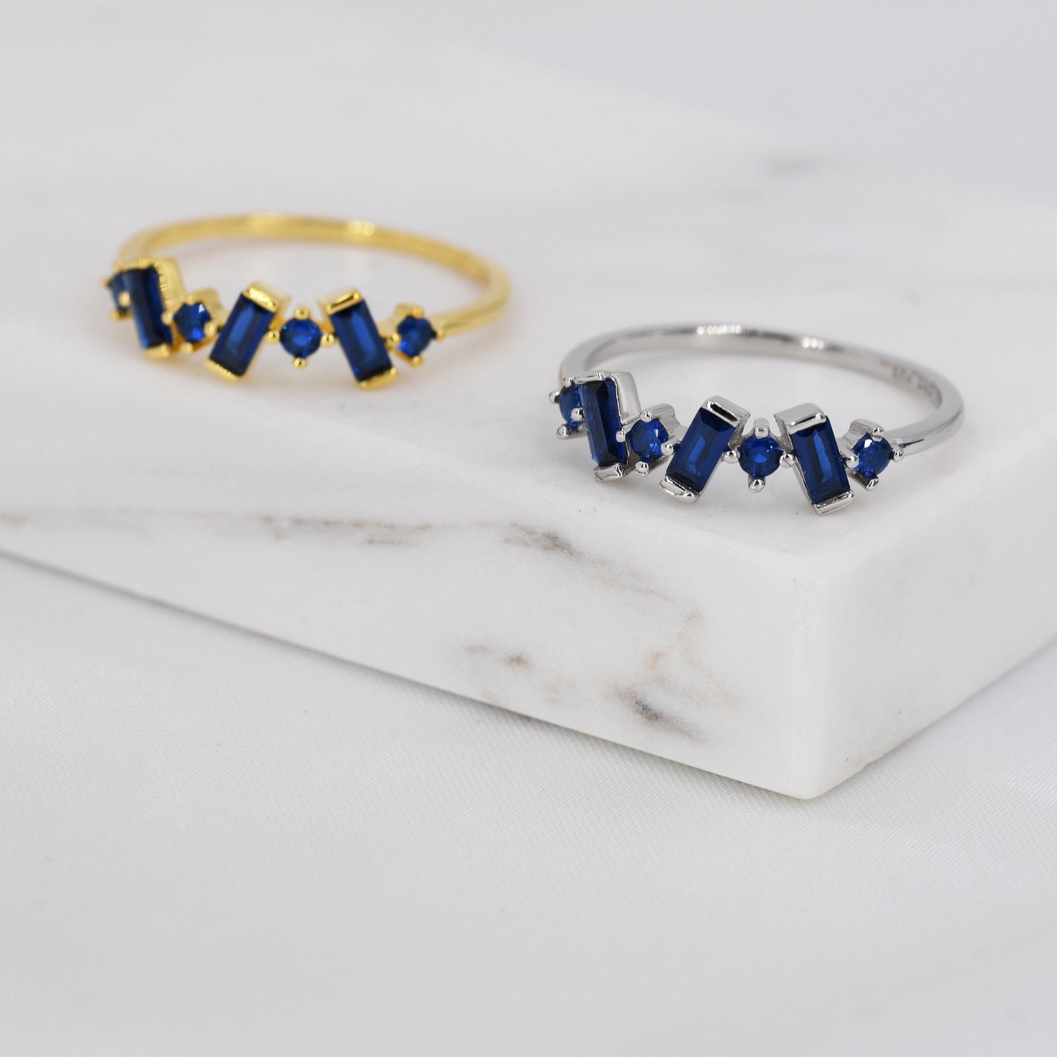 Sapphire Blue CZ Baguette Cluster Gemstone Ring