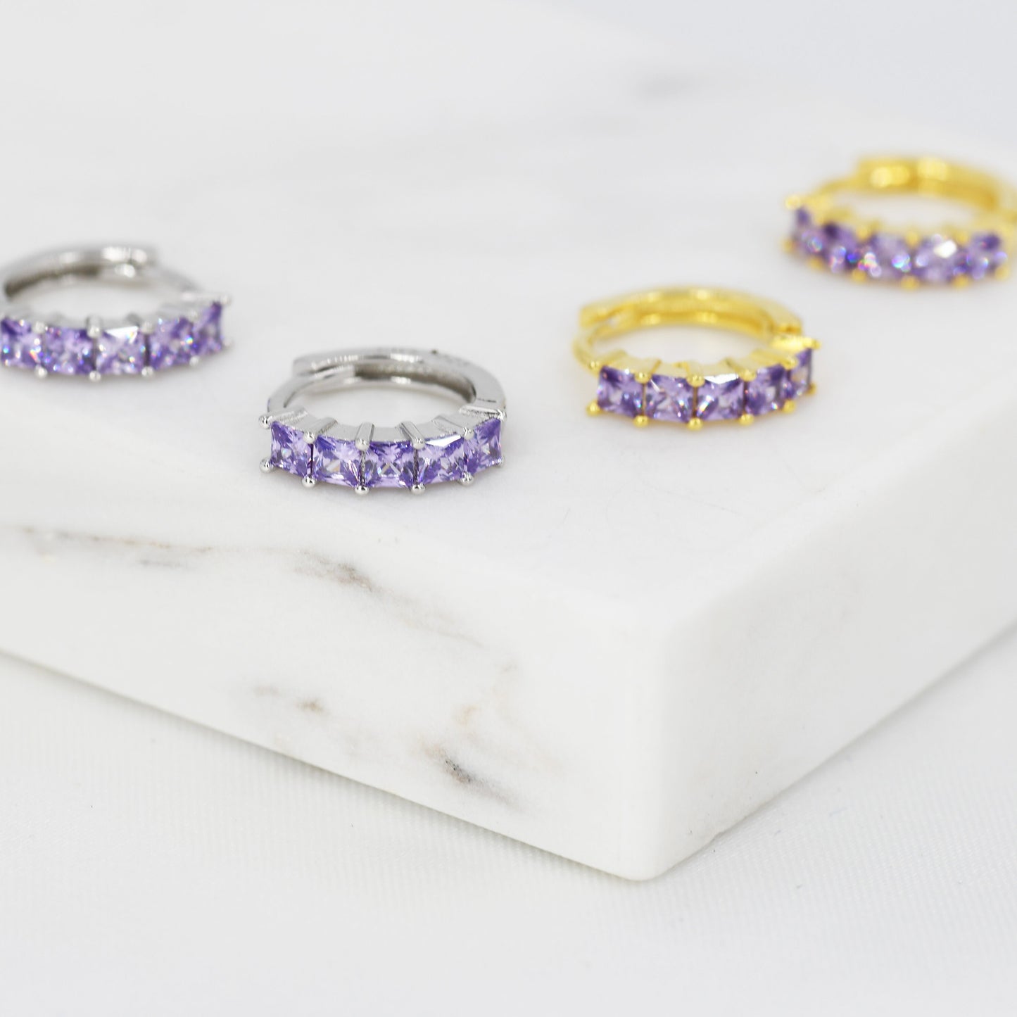 Amethyst Purple CZ Huggie Hoop in Sterling Silver, Silver or Gold, Minimalist Simple Lilac Hoop Earrings