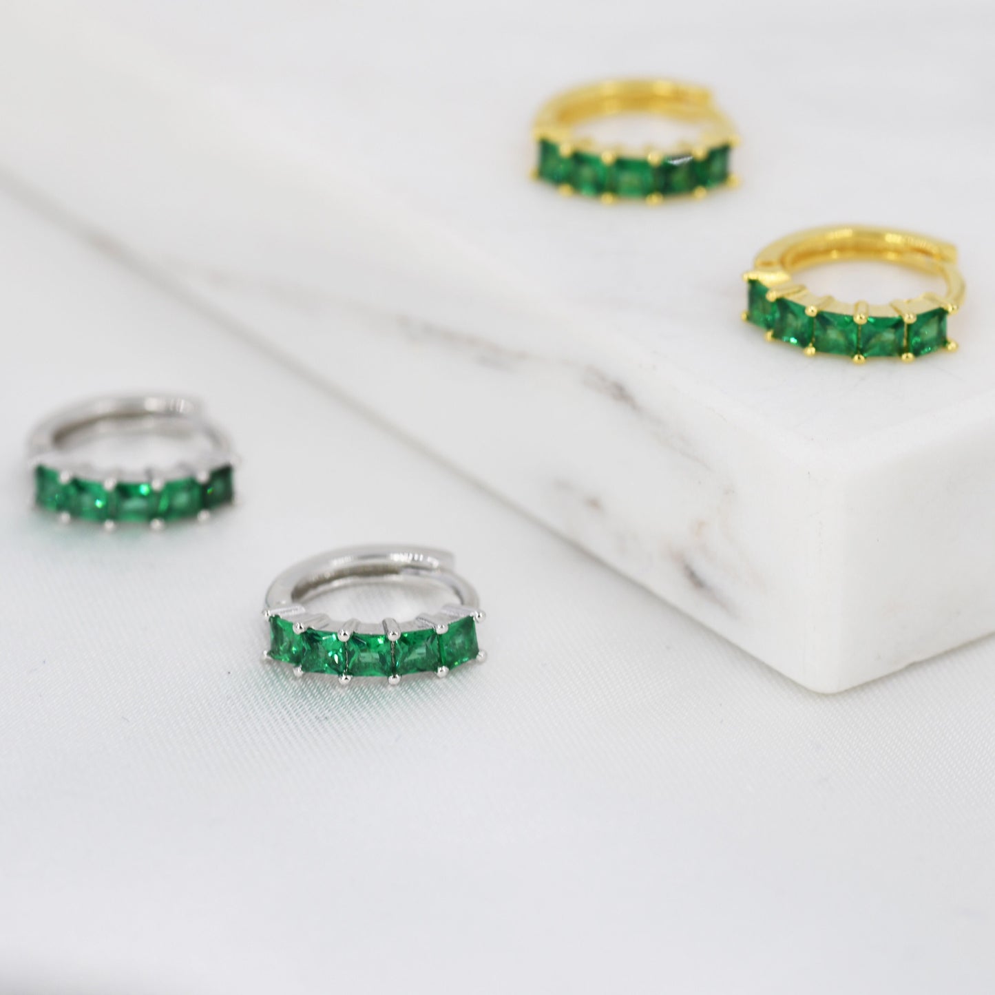 Emerald Green CZ Huggie Hoop in Sterling Silver, Silver or Gold, Minimalist Simple Hoop Earrings,