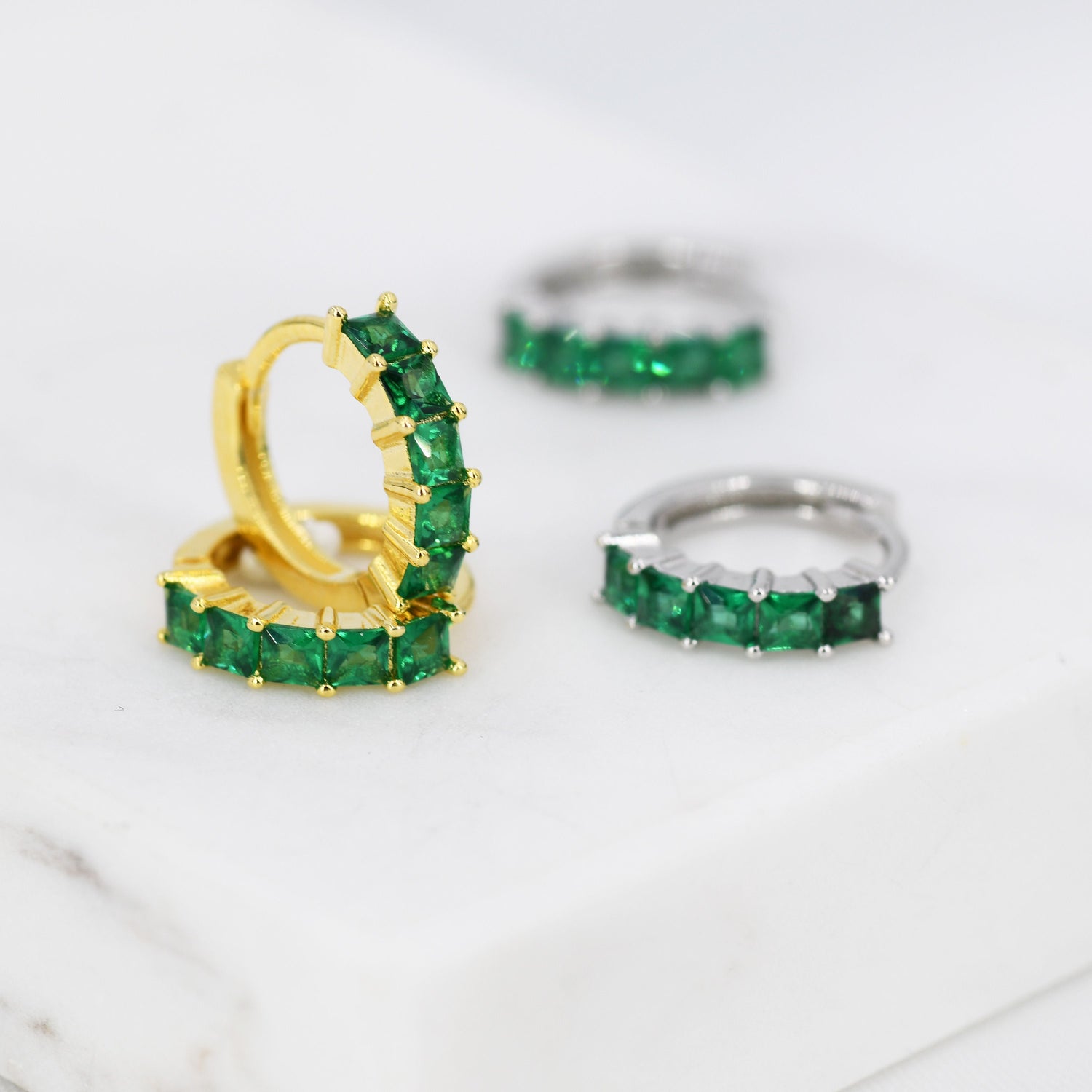 Emerald Green CZ Huggie Hoop in Sterling Silver, Silver or Gold, Minimalist Simple Hoop Earrings,