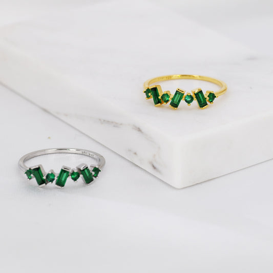 Emerald Green Baguette CZ Cluster Ring in Sterling Silver, Silver or Gold, Organic Shape CZ Ring, US 5 - 8