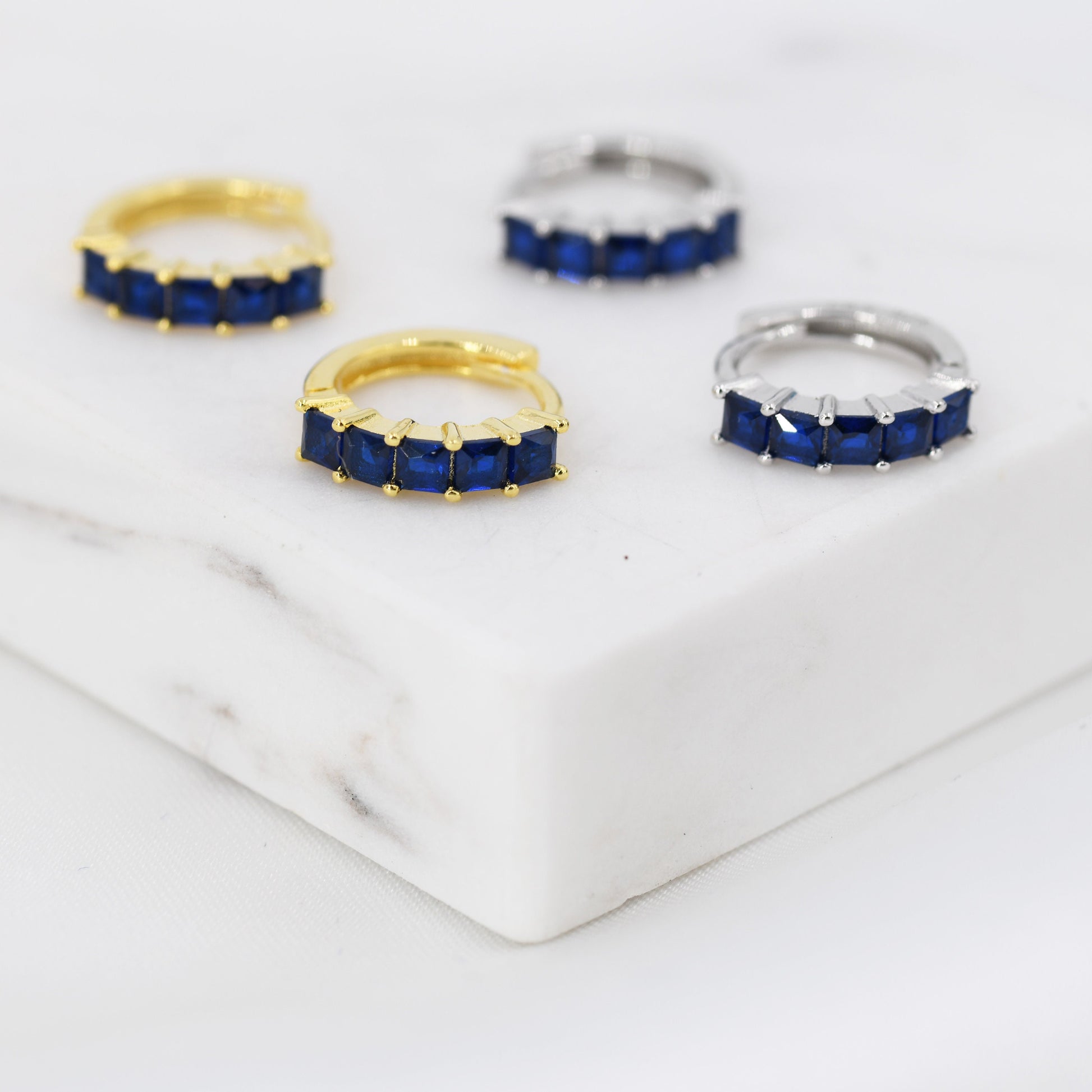 Sapphire Blue CZ Huggie Hoop in Sterling Silver, Silver or Gold, Minimalist Simple Hoop Earrings,