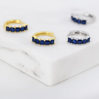 Sapphire Blue CZ Huggie Hoop in Sterling Silver, Silver or Gold, Minimalist Simple Hoop Earrings,