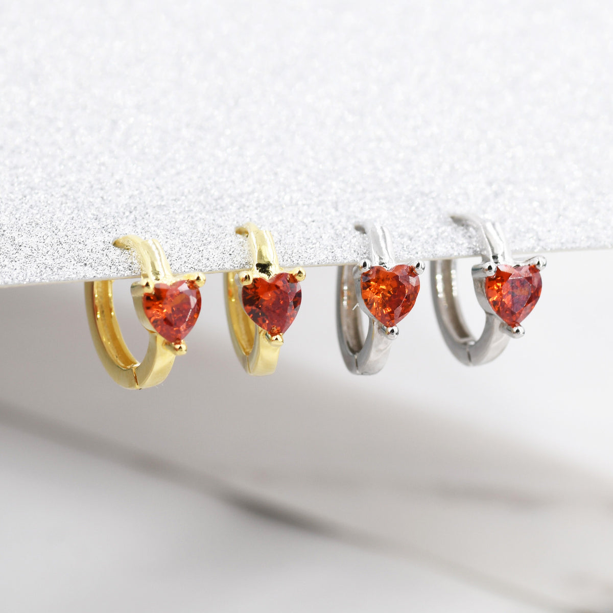 Garnet Red Heart CZ Huggie Hoop in Sterling Silver, Silver or Gold, 8mm Inner Diameter, Stacking Earrings, January Birthstone