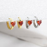 Garnet Red Heart CZ Huggie Hoop in Sterling Silver, Silver or Gold, 8mm Inner Diameter, Stacking Earrings, January Birthstone