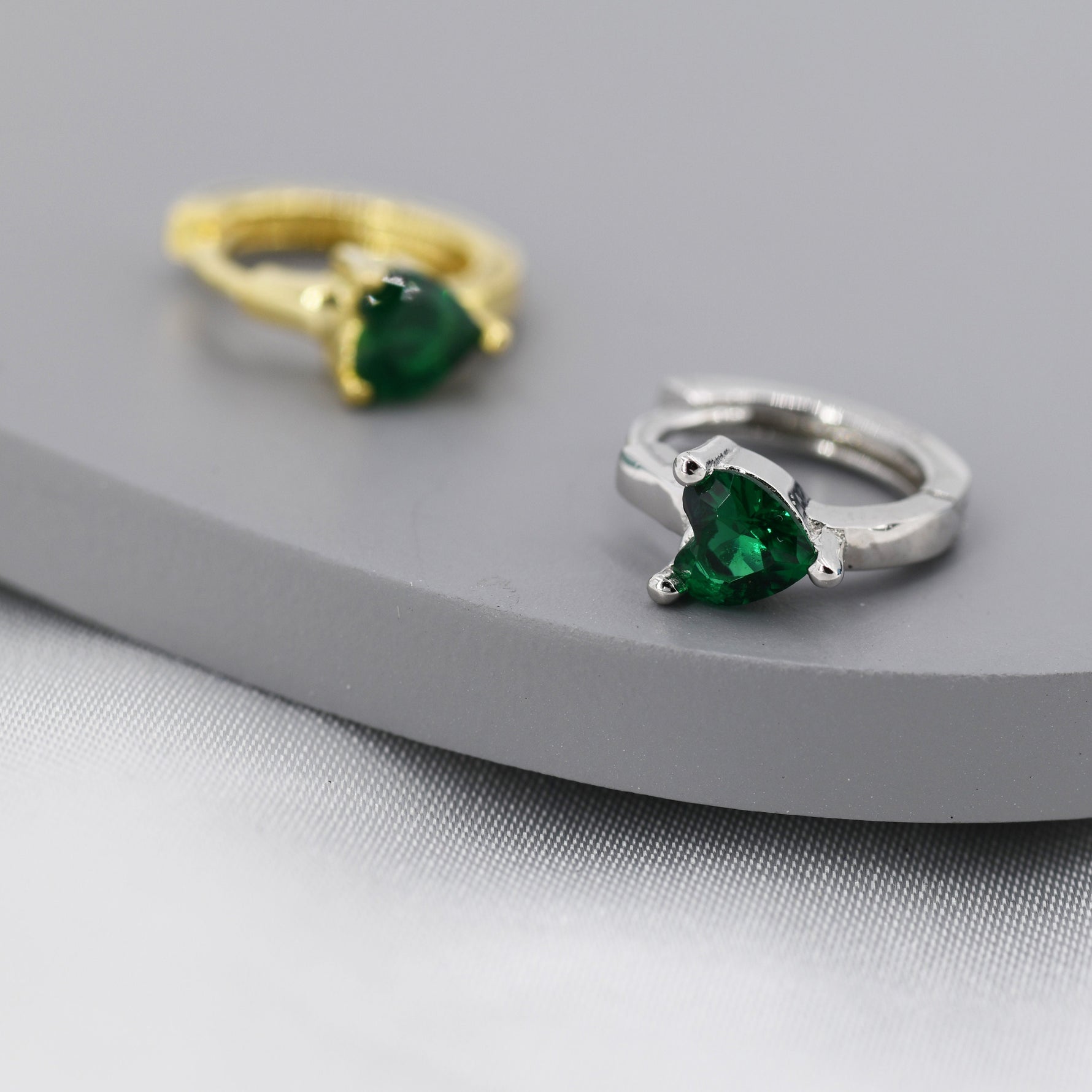 Emerald Green Heart CZ Huggie Hoop in Sterling Silver, Silver or Gold, 8mm Inner Diameter, Stacking Earrings
