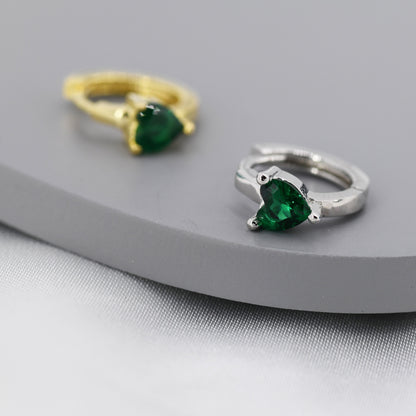 Emerald Green Heart CZ Huggie Hoop in Sterling Silver, Silver or Gold, 8mm Inner Diameter, Stacking Earrings