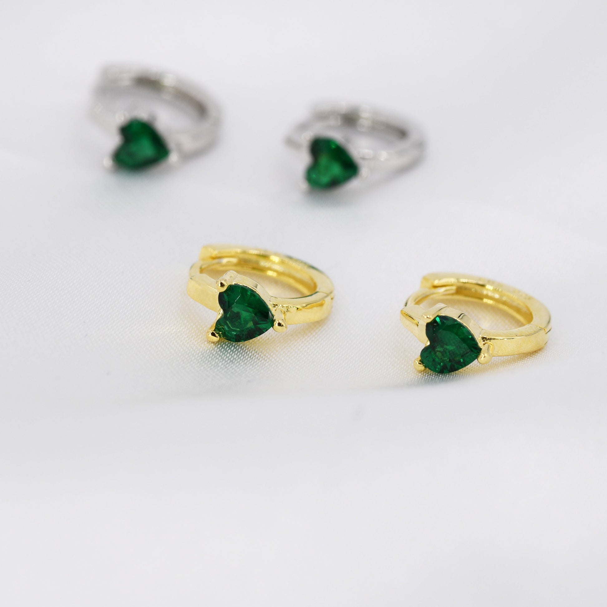 Emerald Green Heart CZ Huggie Hoop in Sterling Silver, Silver or Gold, 8mm Inner Diameter, Stacking Earrings