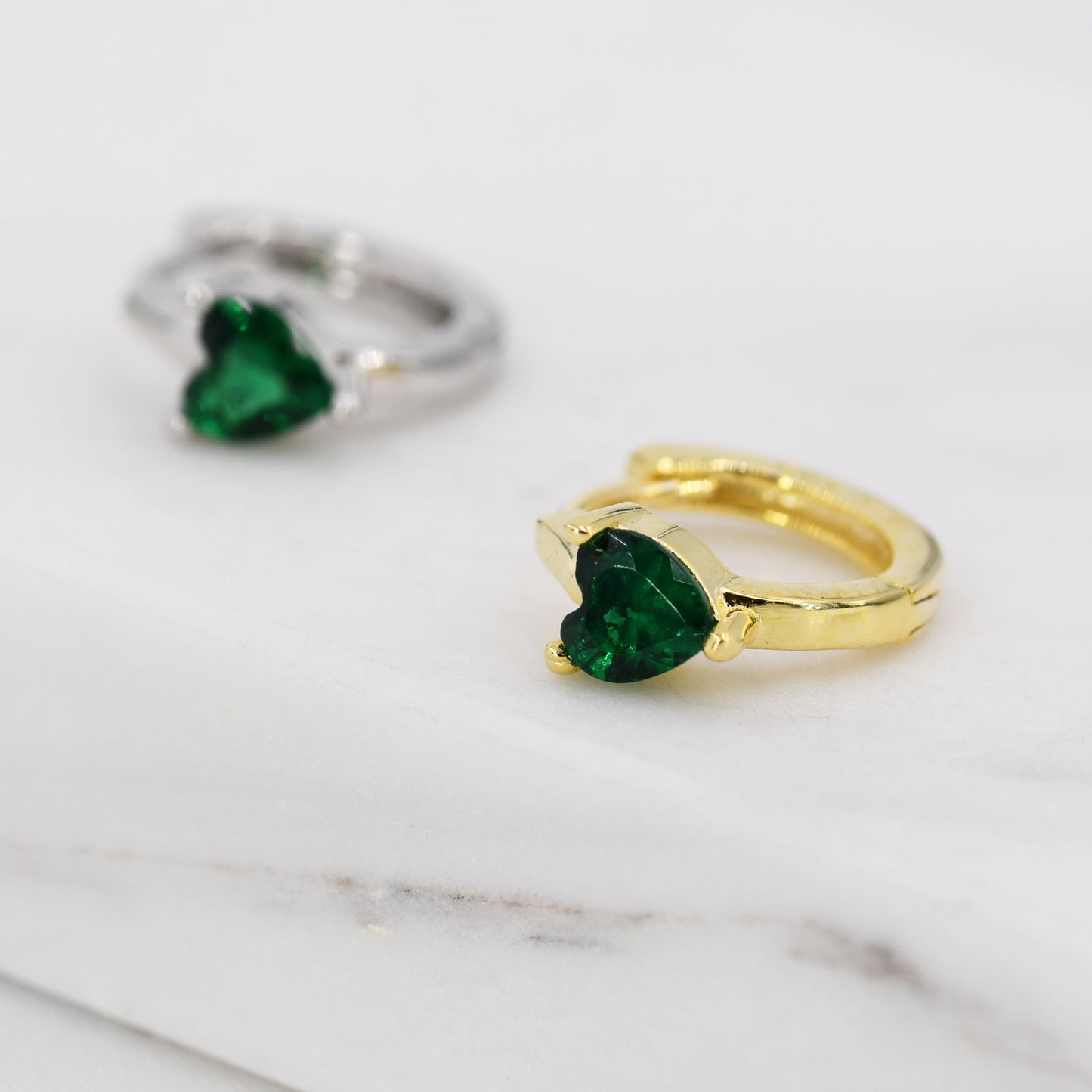 Emerald Green Heart CZ Huggie Hoop in Sterling Silver, Silver or Gold, 8mm Inner Diameter, Stacking Earrings