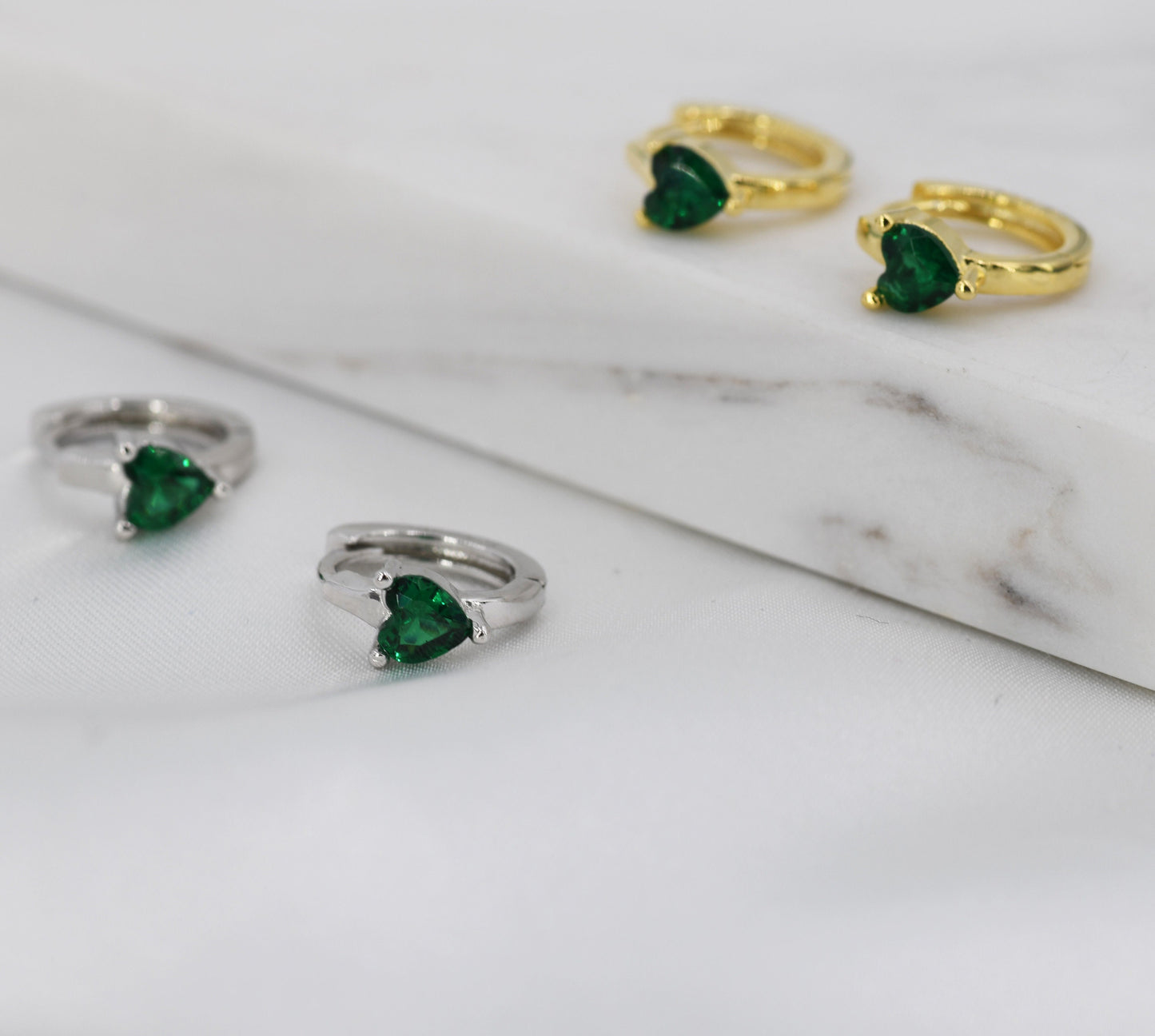 Emerald Green Heart CZ Huggie Hoop in Sterling Silver, Silver or Gold, 8mm Inner Diameter, Stacking Earrings
